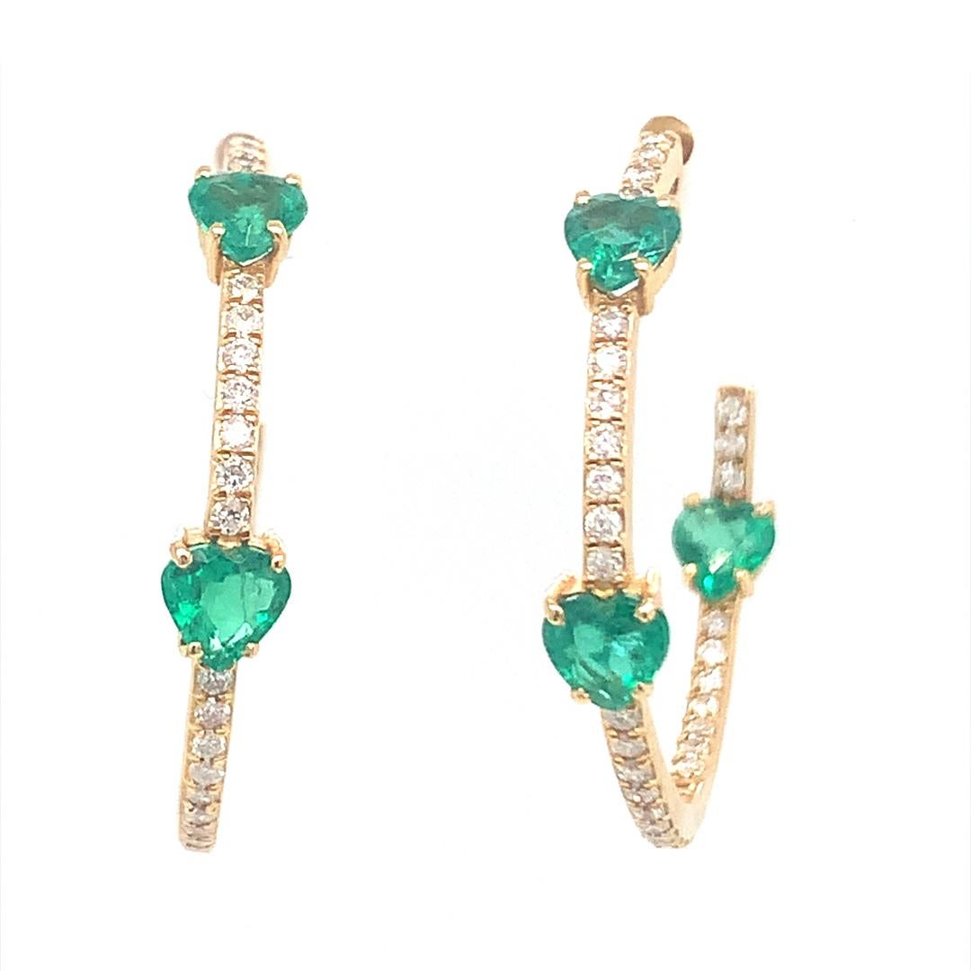 Heart Cut Natural emerald and diamond hoop earrings
