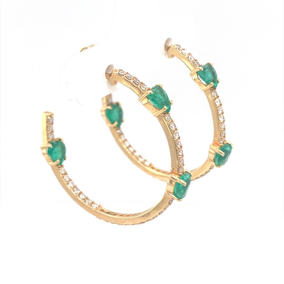Natural emerald and diamond hoop earrings 2