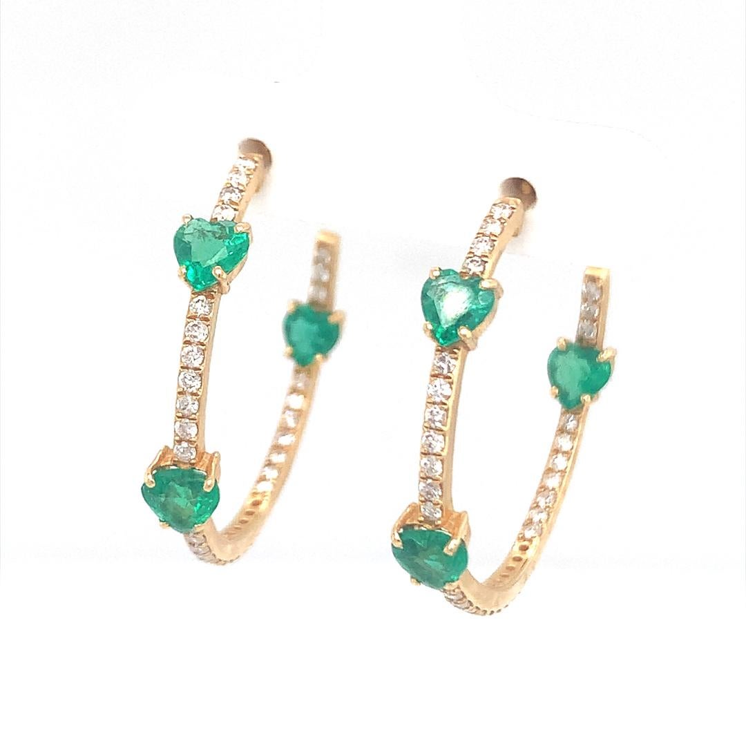 Natural emerald and diamond hoop earrings 3