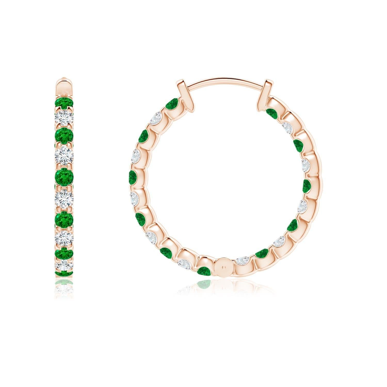 Alternately secured in prong settings are lush green emeralds and brilliant diamonds on these stunning hoop earrings. The scintillating gems are embellished on the outside as well as the inside of these 14k rose gold hoops, showcasing a striking