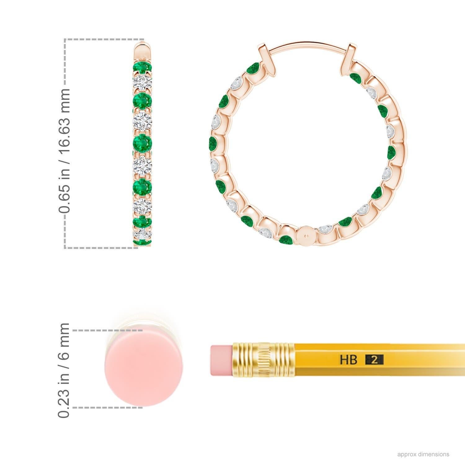 Modern Natural Emerald and Diamond Inside Out Hoop Earrings in 14K Rose Gold (1.5mm) For Sale