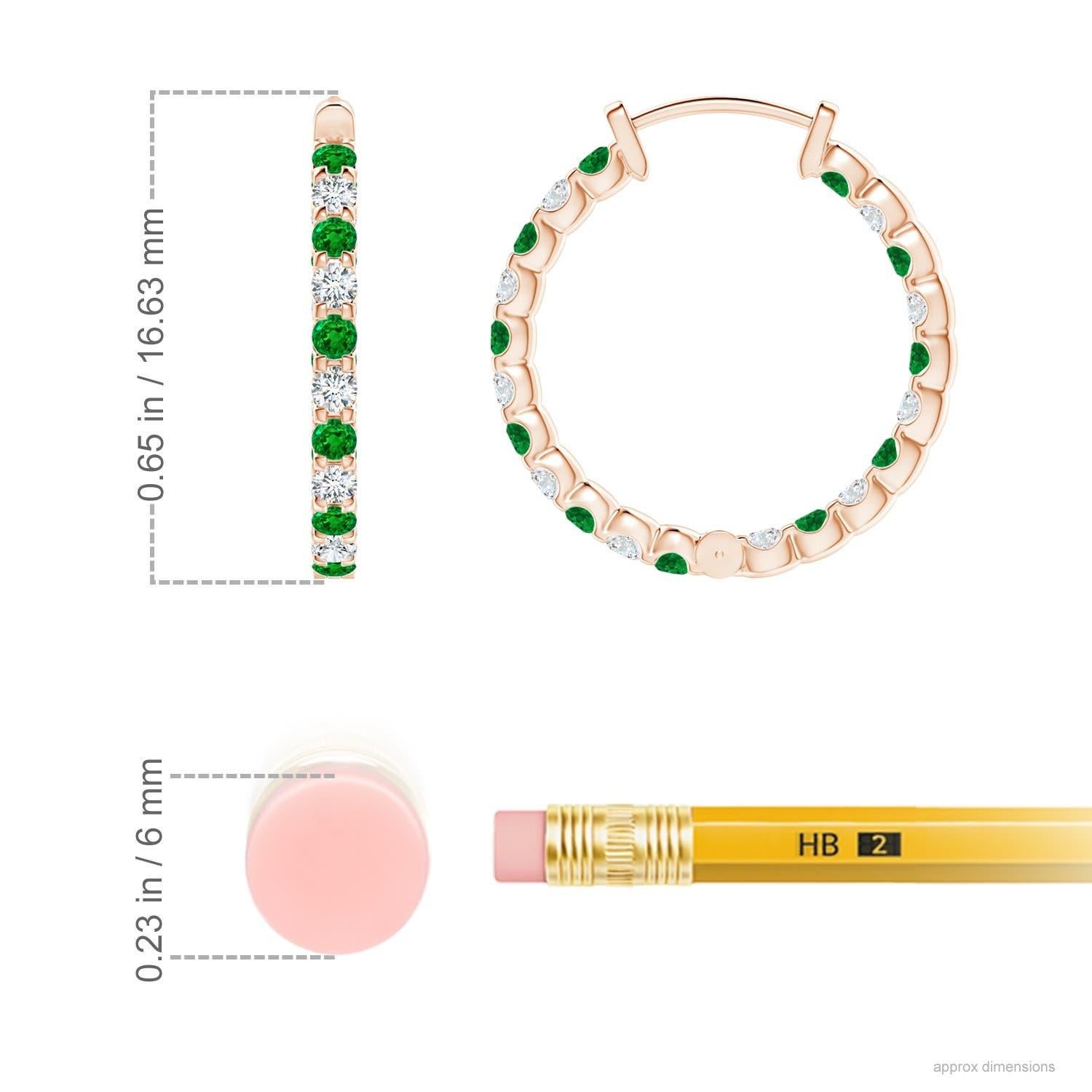 Modern Natural Emerald and Diamond Inside Out Hoop Earrings in 14K Rose Gold (1.5mm) For Sale