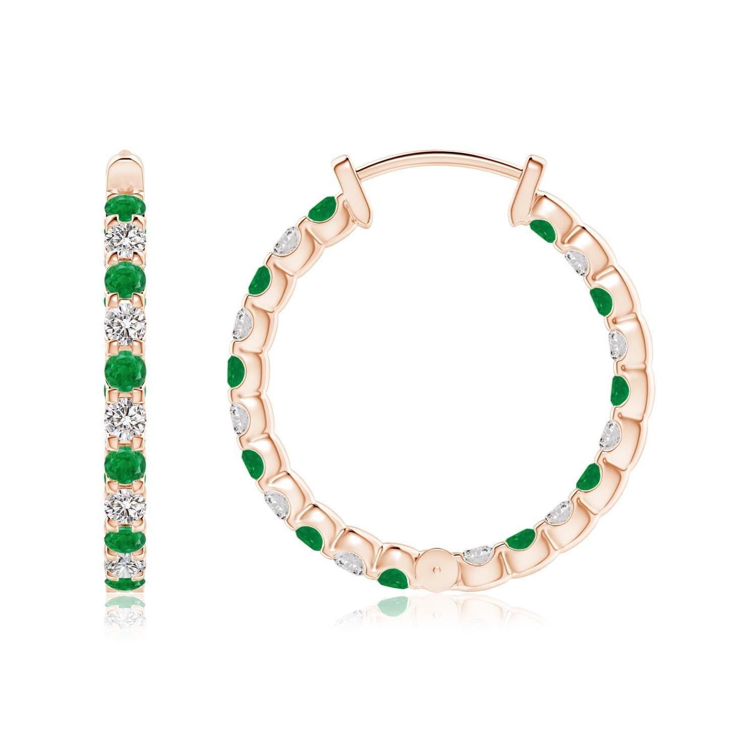 Alternately secured in prong settings are lush green emeralds and brilliant diamonds on these stunning hoop earrings. The scintillating gems are embellished on the outside as well as the inside of these 14k rose gold hoops, showcasing a striking