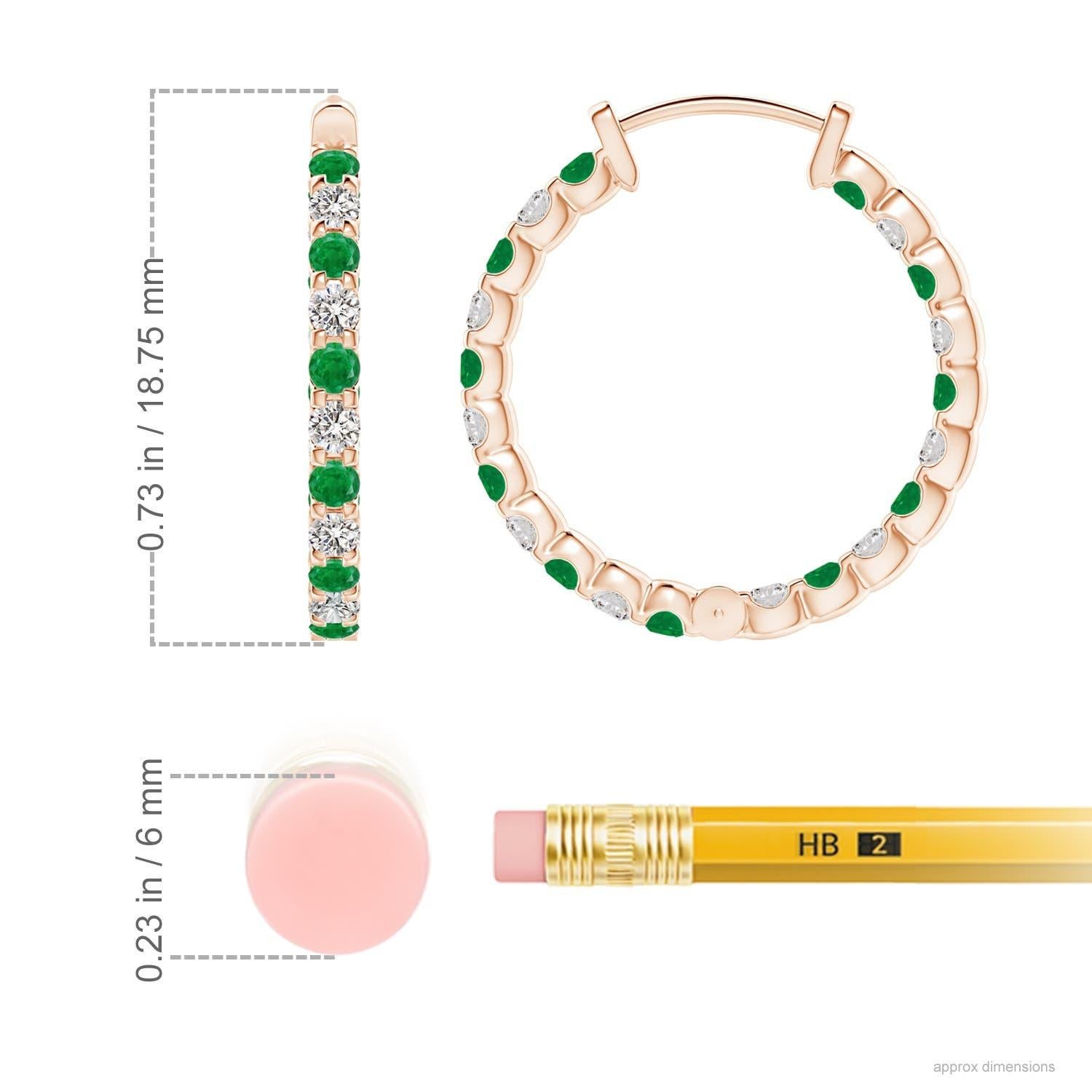 Modern Natural Emerald and Diamond Inside Out Hoop Earrings in 14K Rose Gold (1.7mm) For Sale
