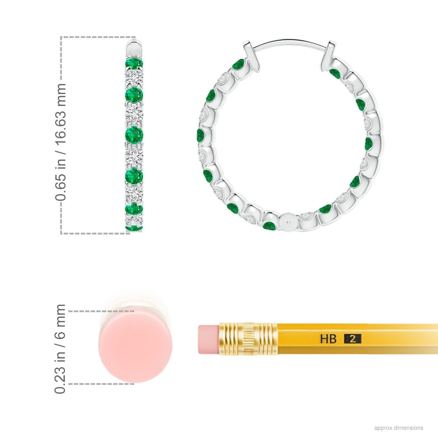 Modern Natural Emerald and Diamond Inside Out Hoop Earrings in 14K White Gold (1.5mm) For Sale