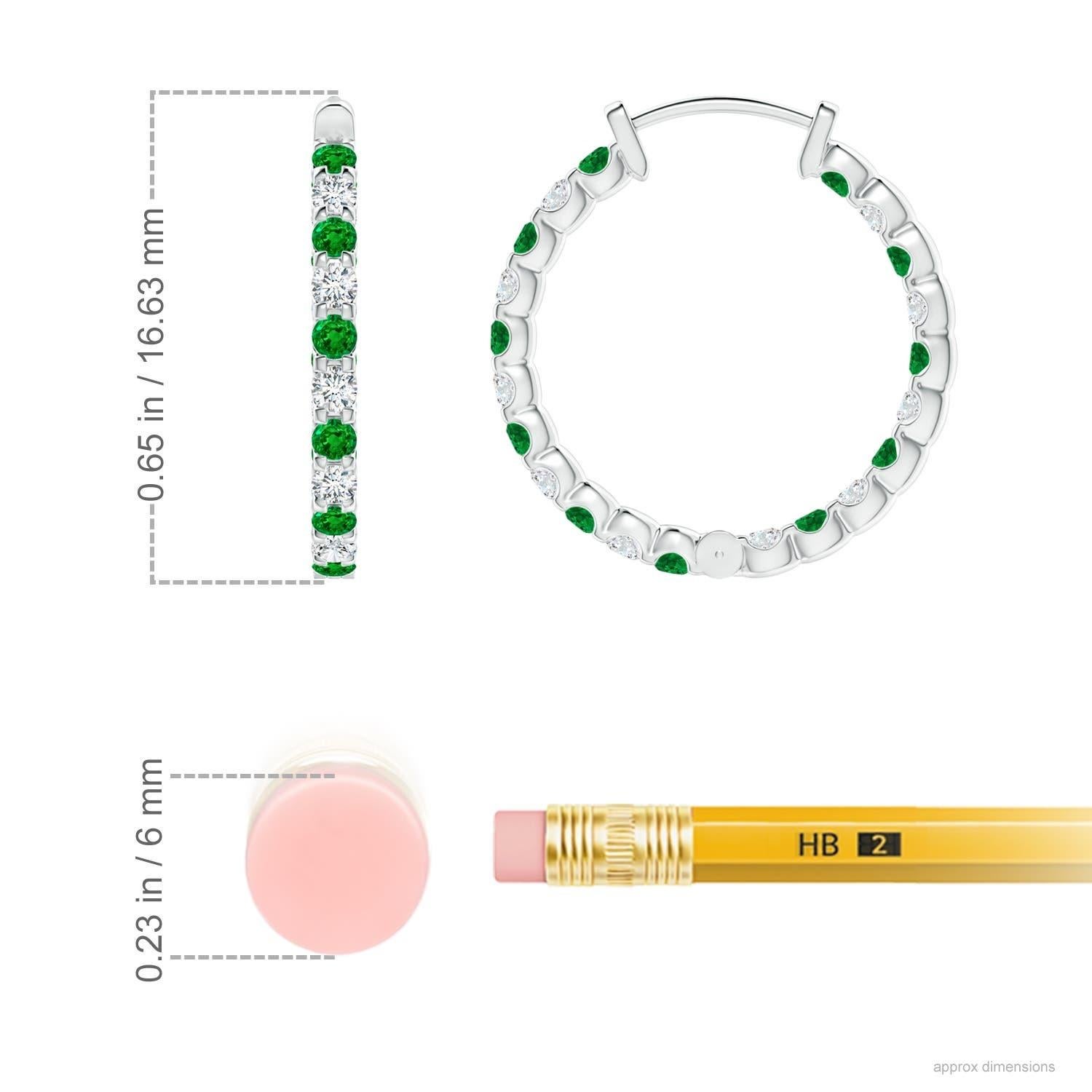 Modern Natural Emerald and Diamond Inside Out Hoop Earrings in 14K White Gold (1.5mm) For Sale