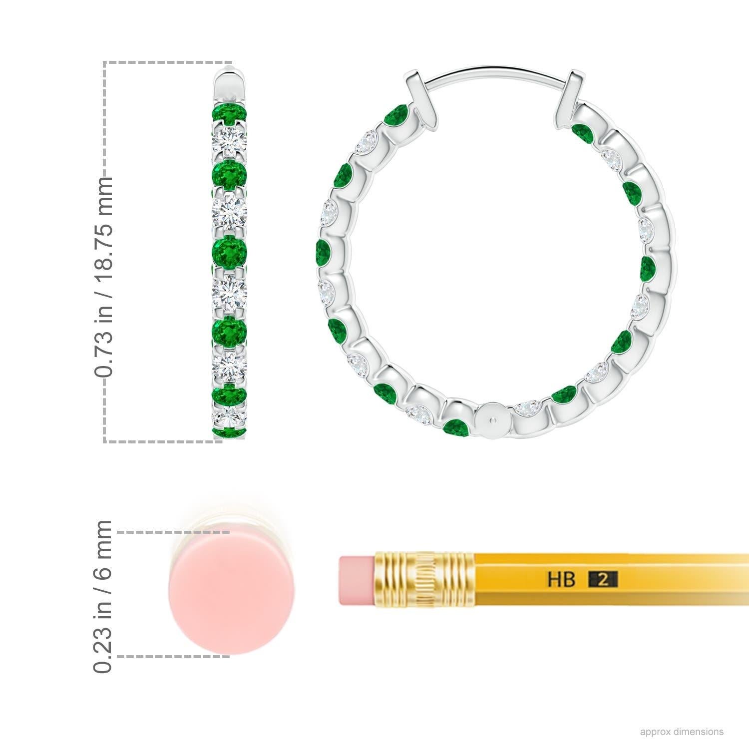 Modern Natural Emerald and Diamond Inside Out Hoop Earrings in 14K White Gold (1.7mm) For Sale