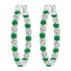 Natural Emerald and Diamond Inside Out Hoop Earrings in 14K White Gold (1.7mm)
