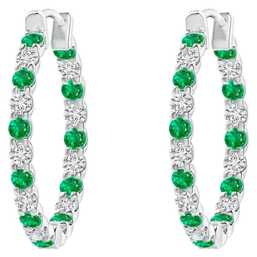 Pendientes de aro de esmeralda natural y diamante del revés en platino (1,5 mm)