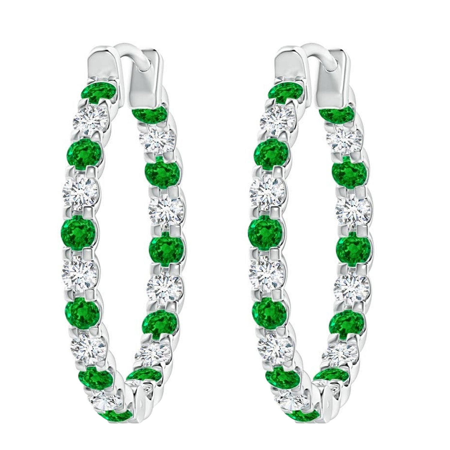 Pendientes de aro de esmeralda natural y diamante del revés en platino (1,5 mm)