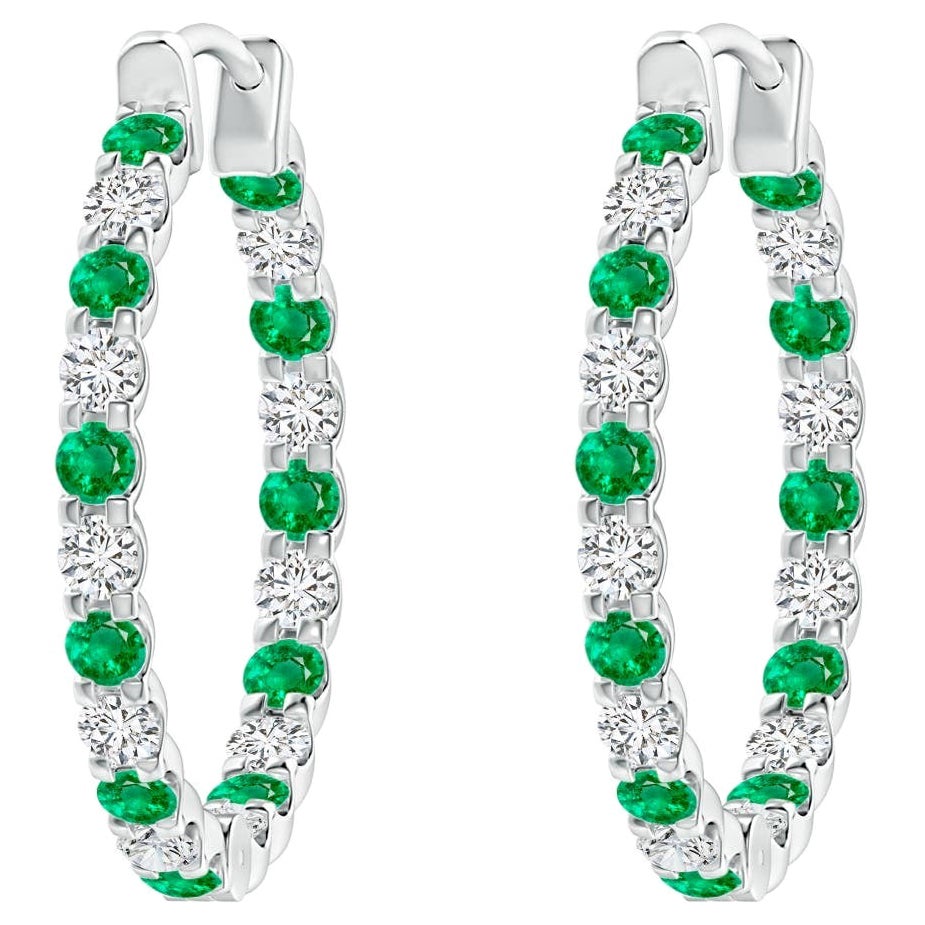 Pendientes de aro de esmeralda natural y diamante del revés en platino (1,7 mm)
