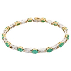 Natural Emerald and Diamond Link Bracelet in 18K White Gold 