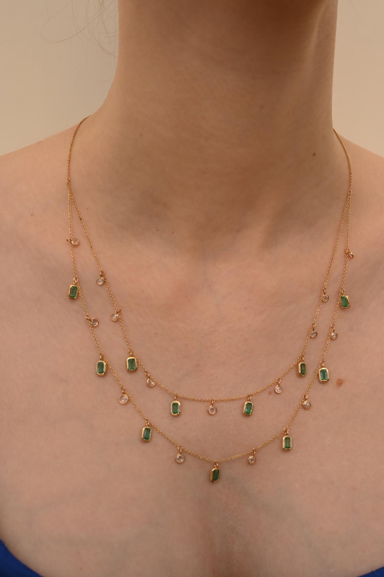 Natural Diamond Emerald Double Chain Necklace 18k Yellow Gold, Gift For Her For Sale 4