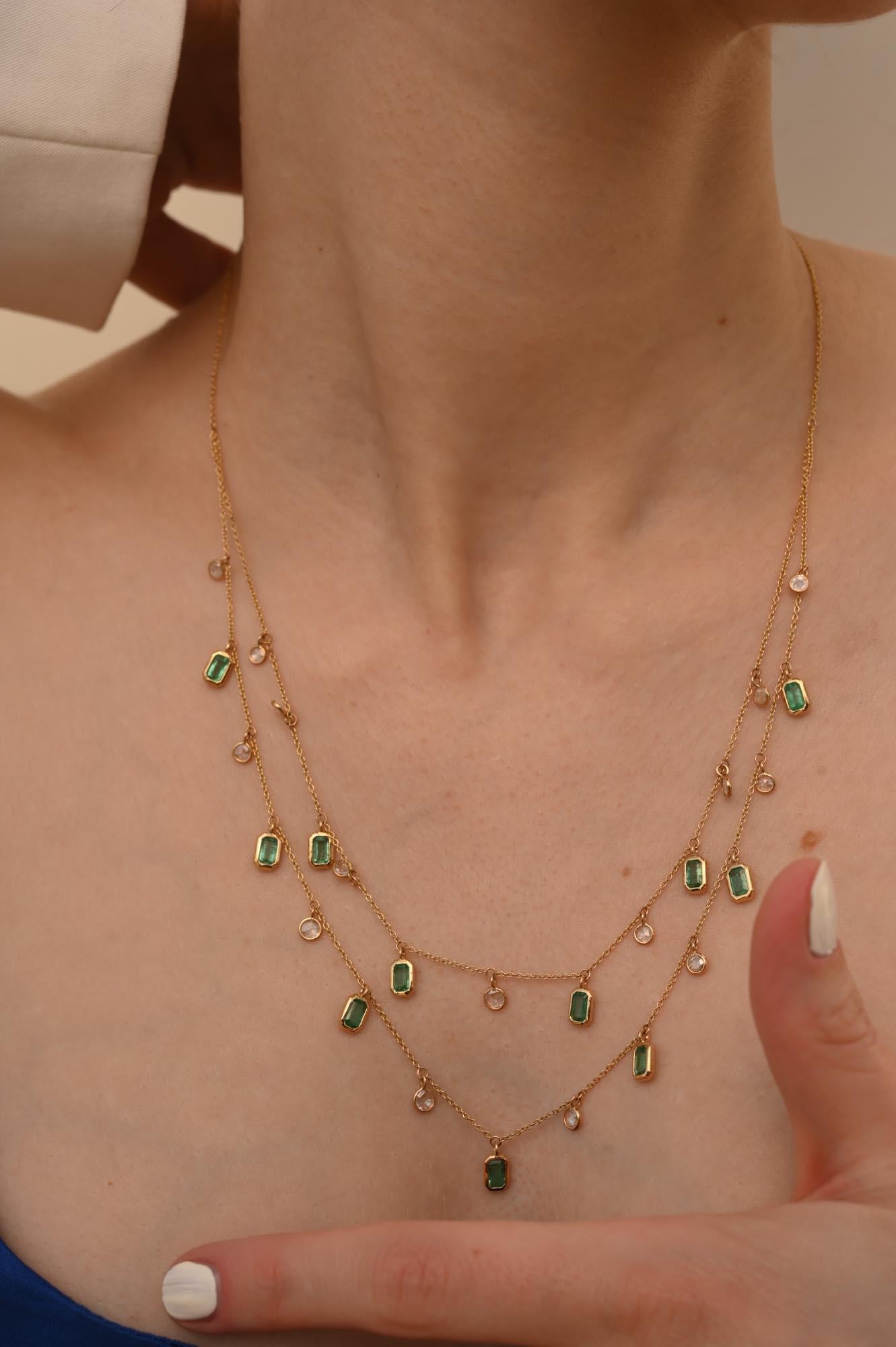 Natural Diamond Emerald Double Chain Necklace 18k Yellow Gold, Gift For Her For Sale 6