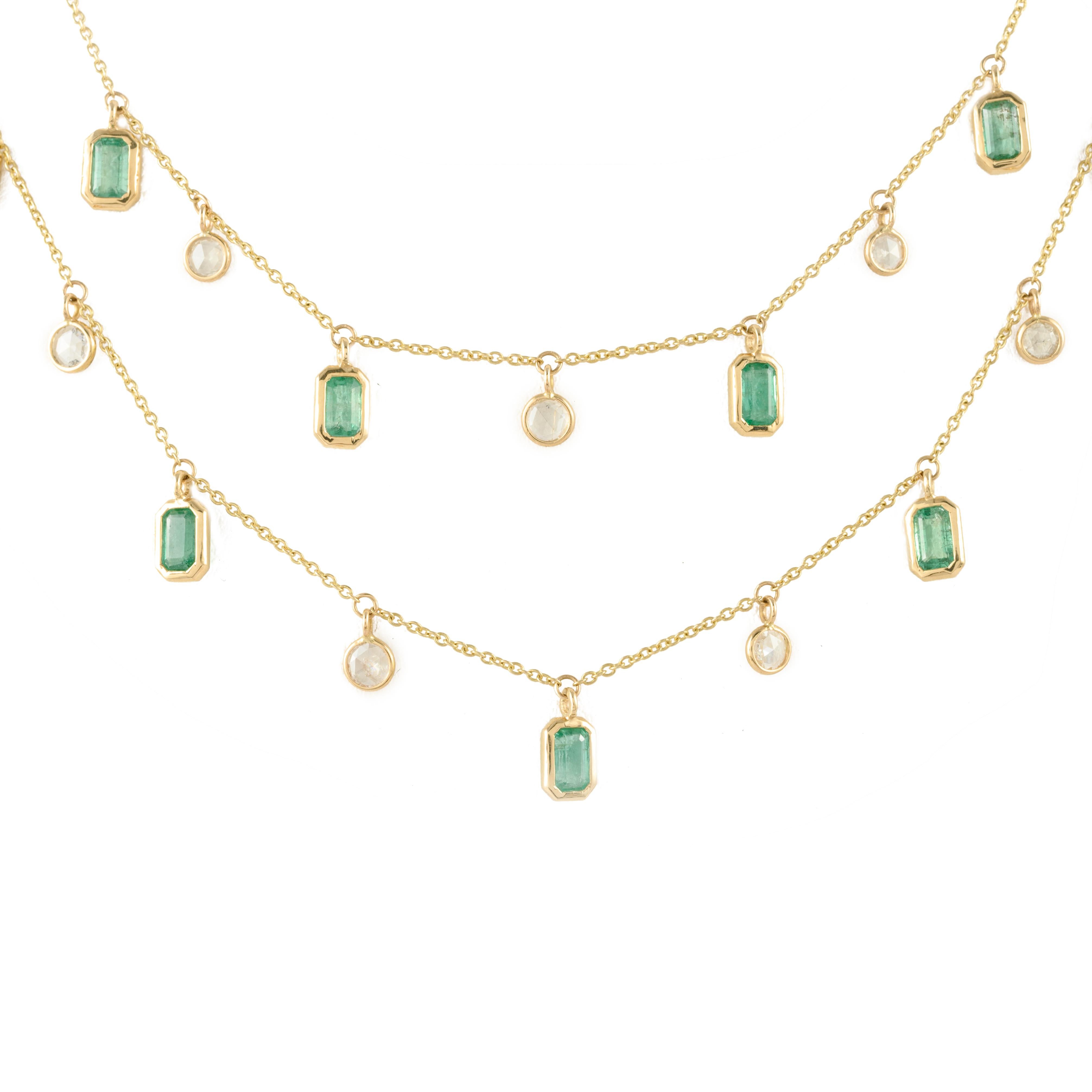 Contemporary Natural Diamond Emerald Double Chain Necklace 18k Yellow Gold, Gift For Her For Sale