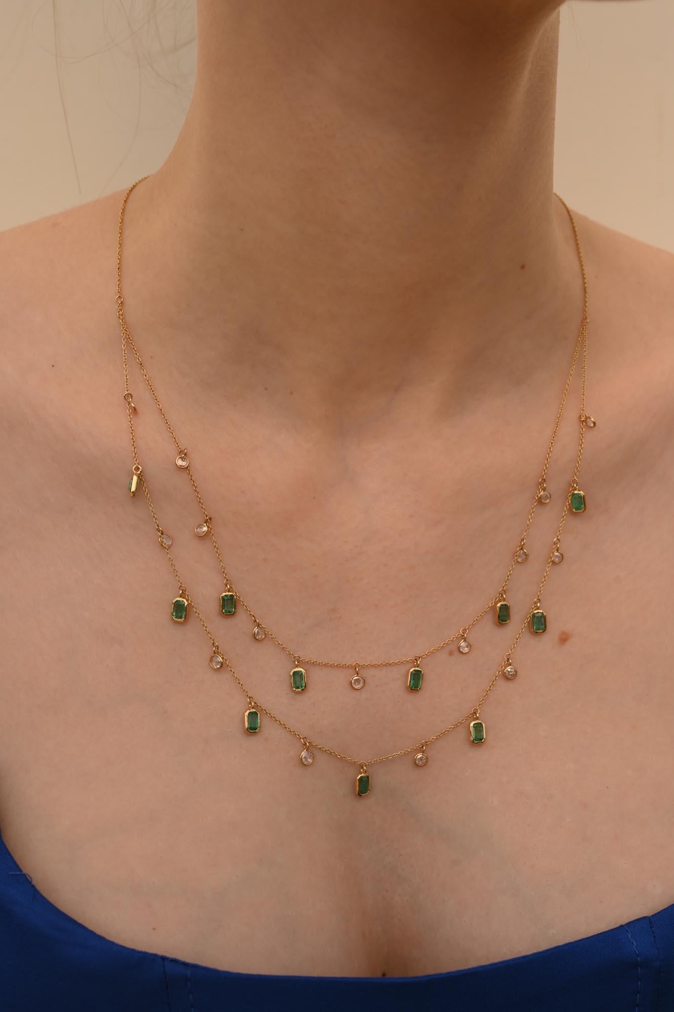 Mixed Cut Natural Diamond Emerald Double Chain Necklace 18k Yellow Gold, Gift For Her For Sale