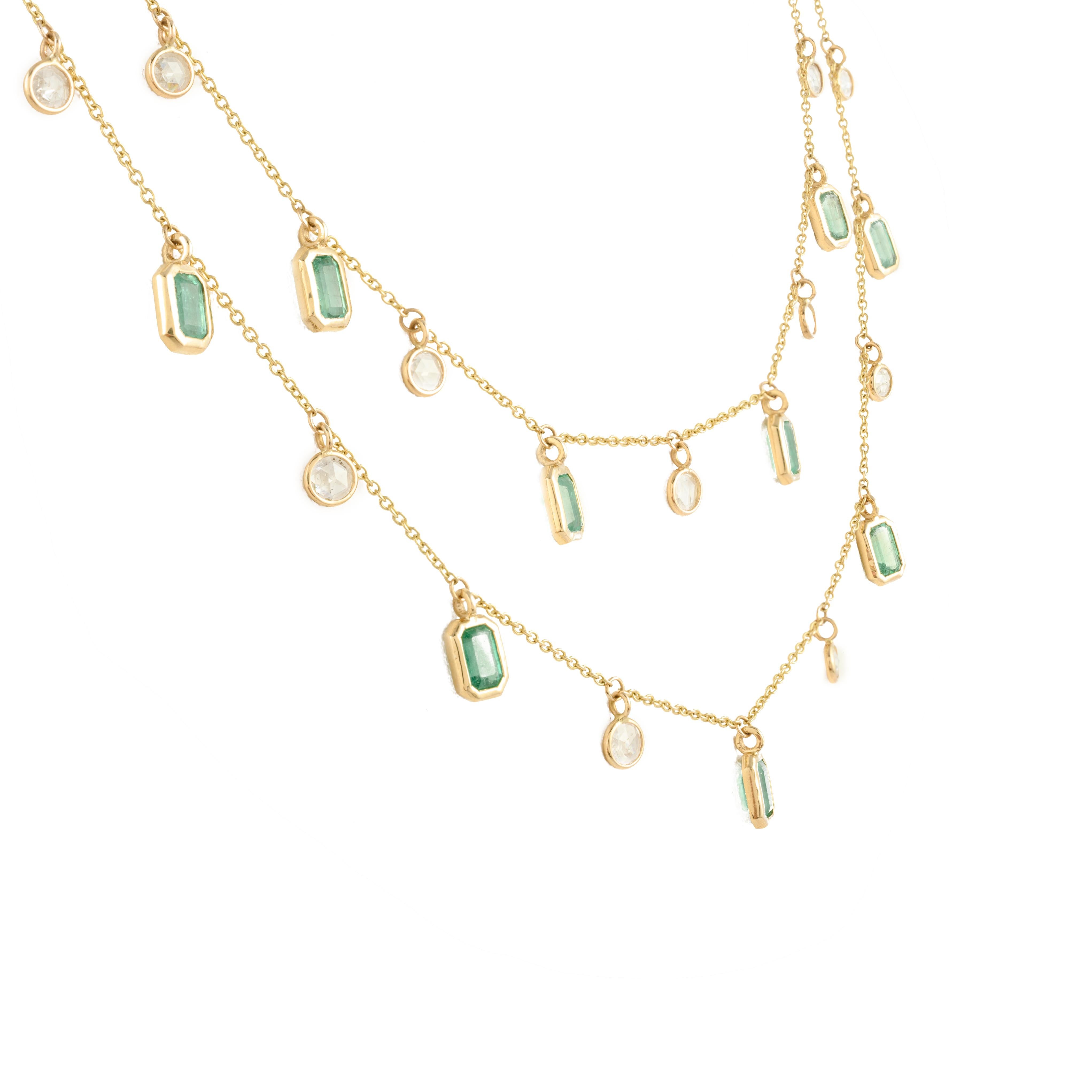 Natural Diamond Emerald Double Chain Necklace 18k Yellow Gold, Gift For Her In New Condition For Sale In Houston, TX