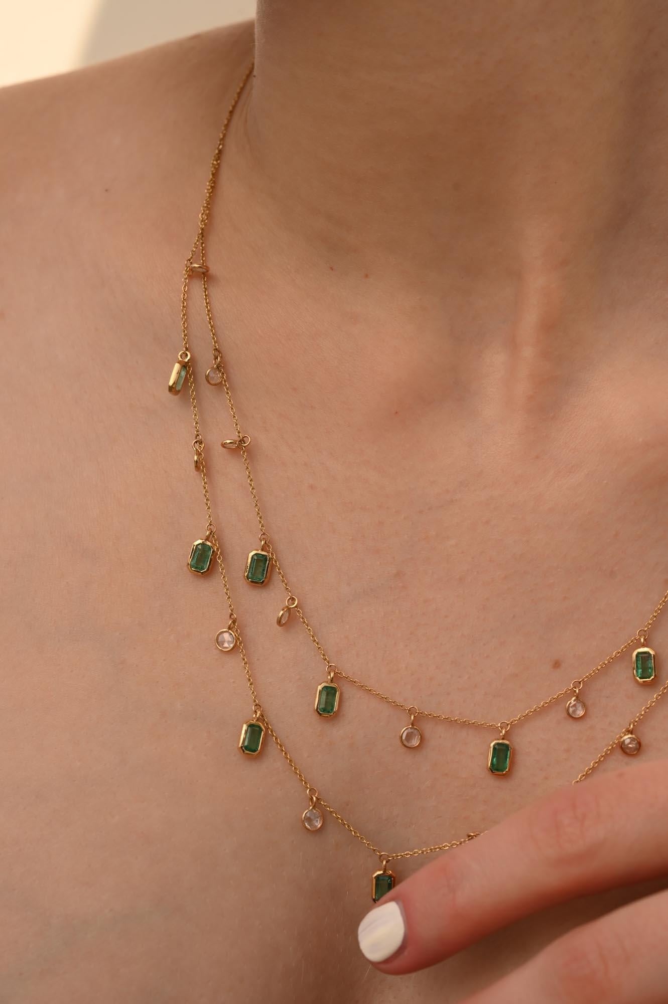 Natural Diamond Emerald Double Chain Necklace 18k Yellow Gold, Gift For Her For Sale 2