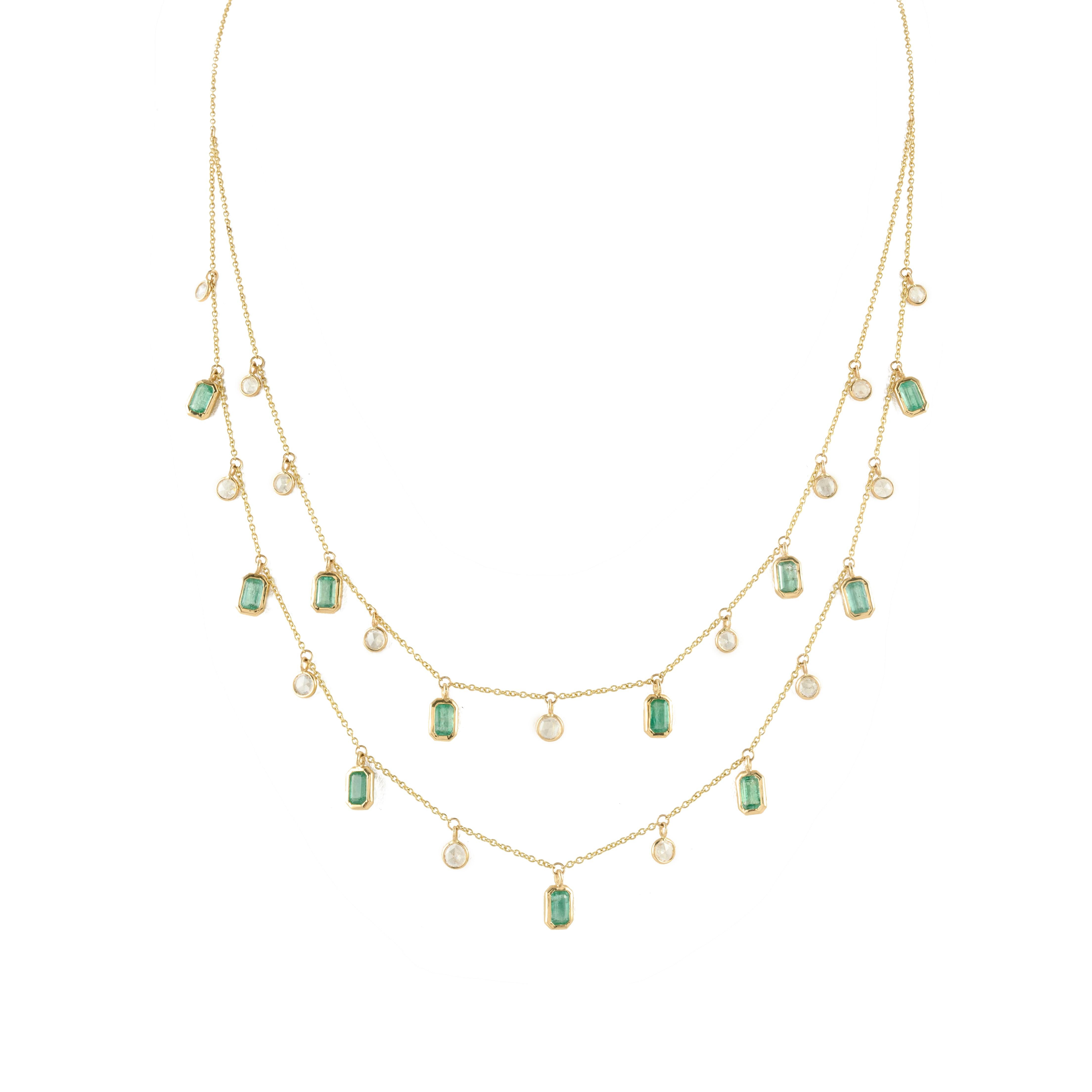 Natural Diamond Emerald Double Chain Necklace 18k Yellow Gold, Gift For Her For Sale 3