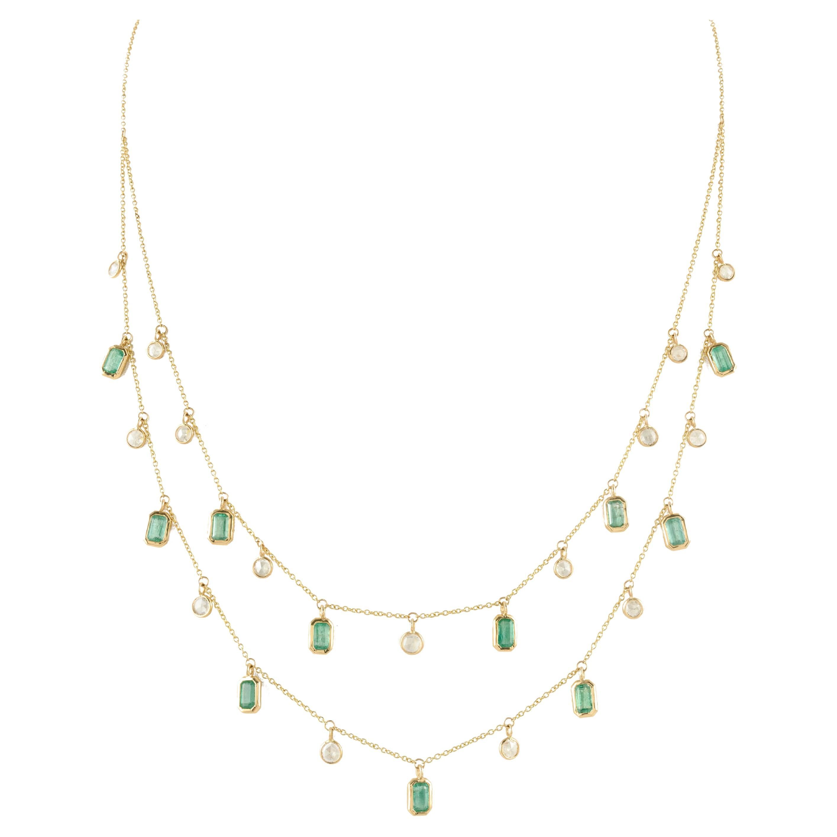 Natural Diamond Emerald Double Chain Necklace 18k Yellow Gold, Gift For Her
