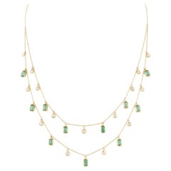 Natural Emerald and Diamond Multi Strand Necklace in Solid 18k Yellow Gold