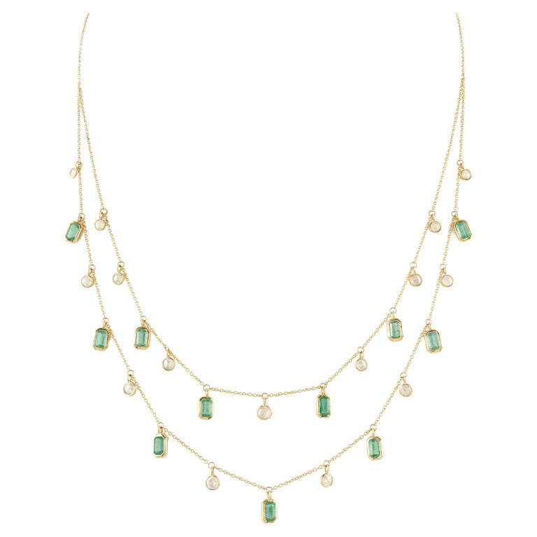 Natural Emerald and Diamond Multi Strand Necklace in Solid 18k Yellow