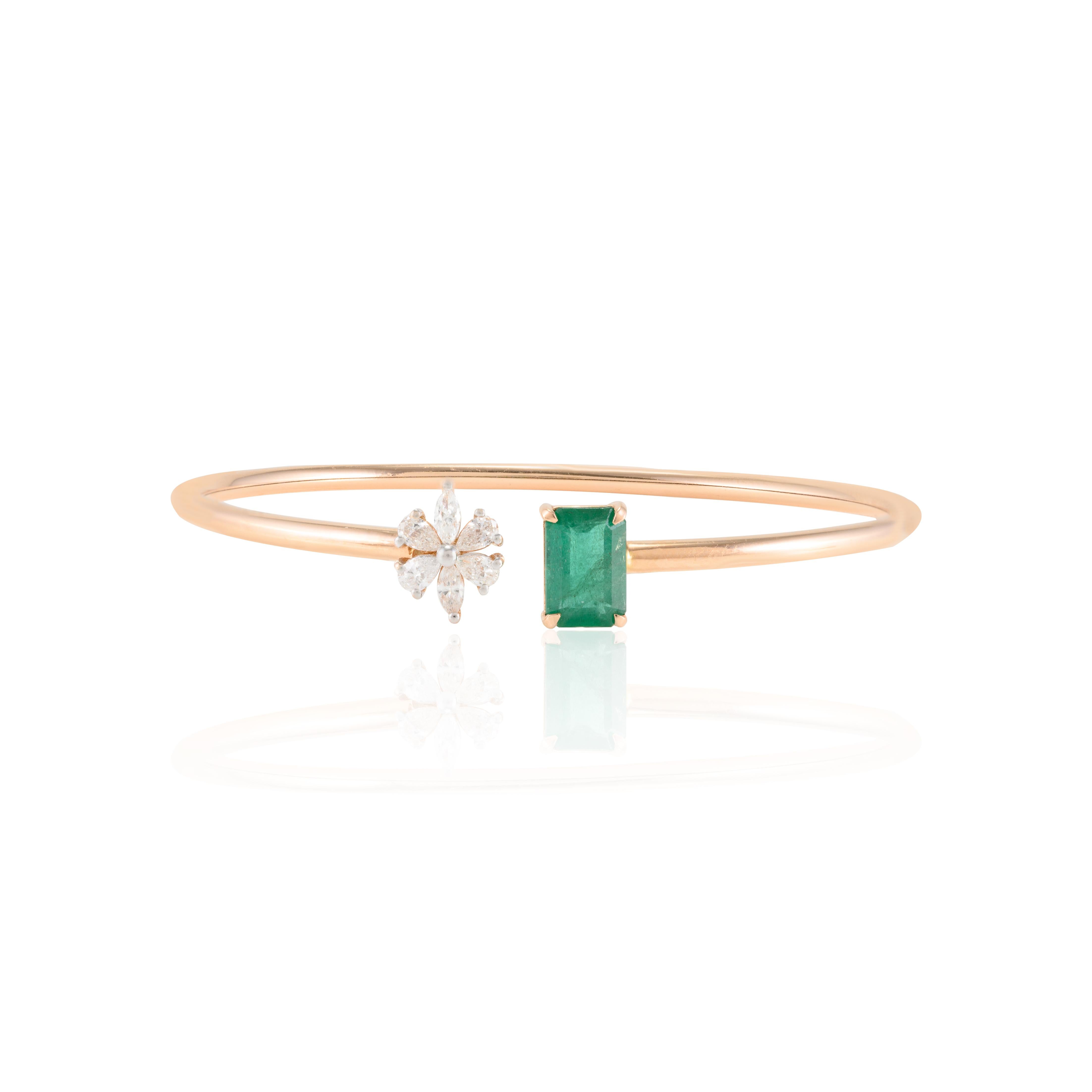 This Natural Emerald and Diamond Tip Cuff Bracelet in 18K gold showcases endlessly sparkling natural emerald, weighing 1.31 carat and diamonds weighing 0.37 carat. It is adjustable in length. 
Emerald enhances intellectual capacity of the