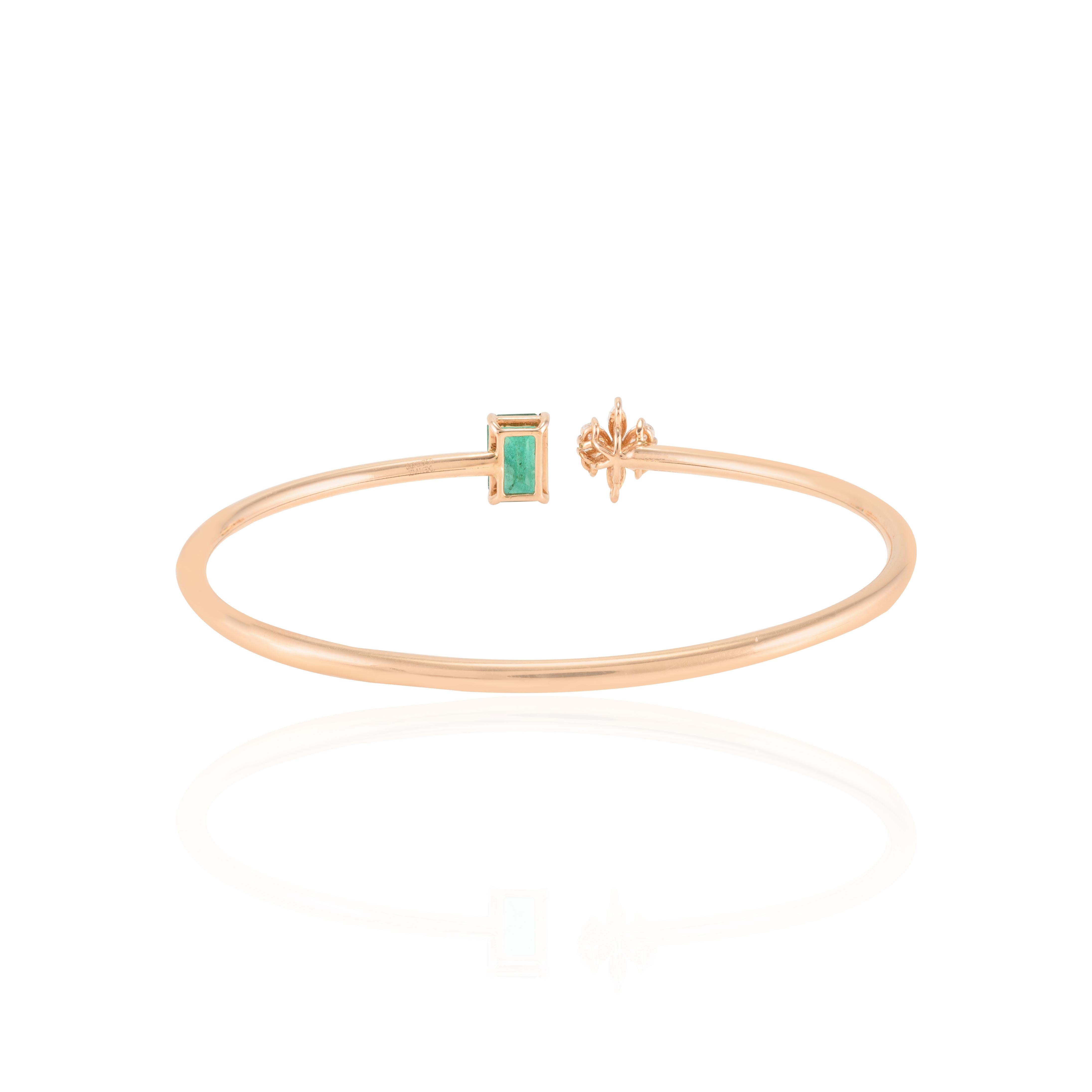 Octagon Cut Genuine Emerald and Diamond Flower Cuff Bracelet in 18k Rose Gold for Her For Sale