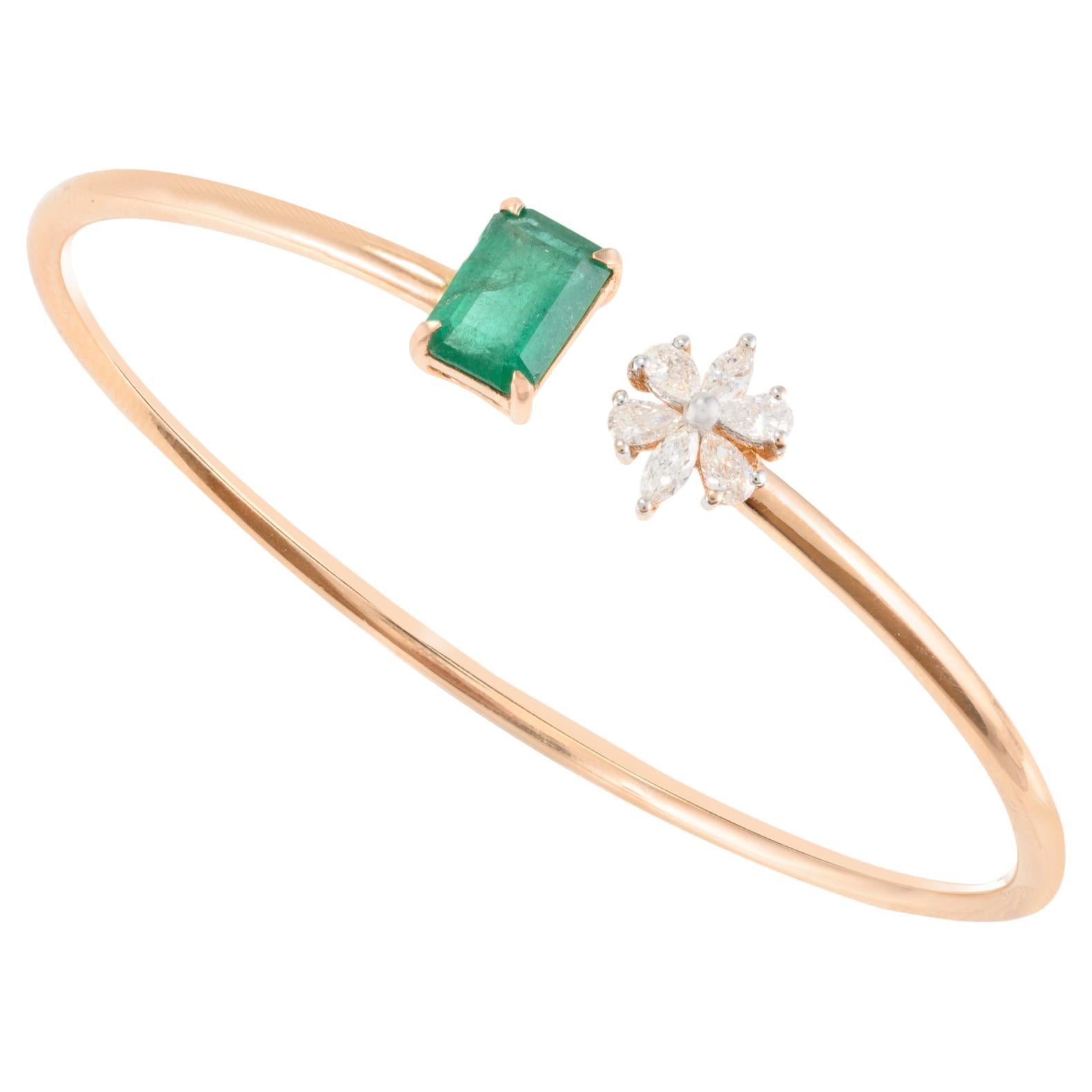 Genuine Emerald and Diamond Flower Cuff Bracelet in 18k Rose Gold for Her For Sale