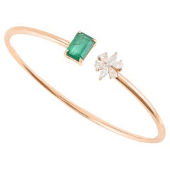 Natural Emerald and Diamond Tip Cuff Bracelet for Her in 18k Solid Rose Gold