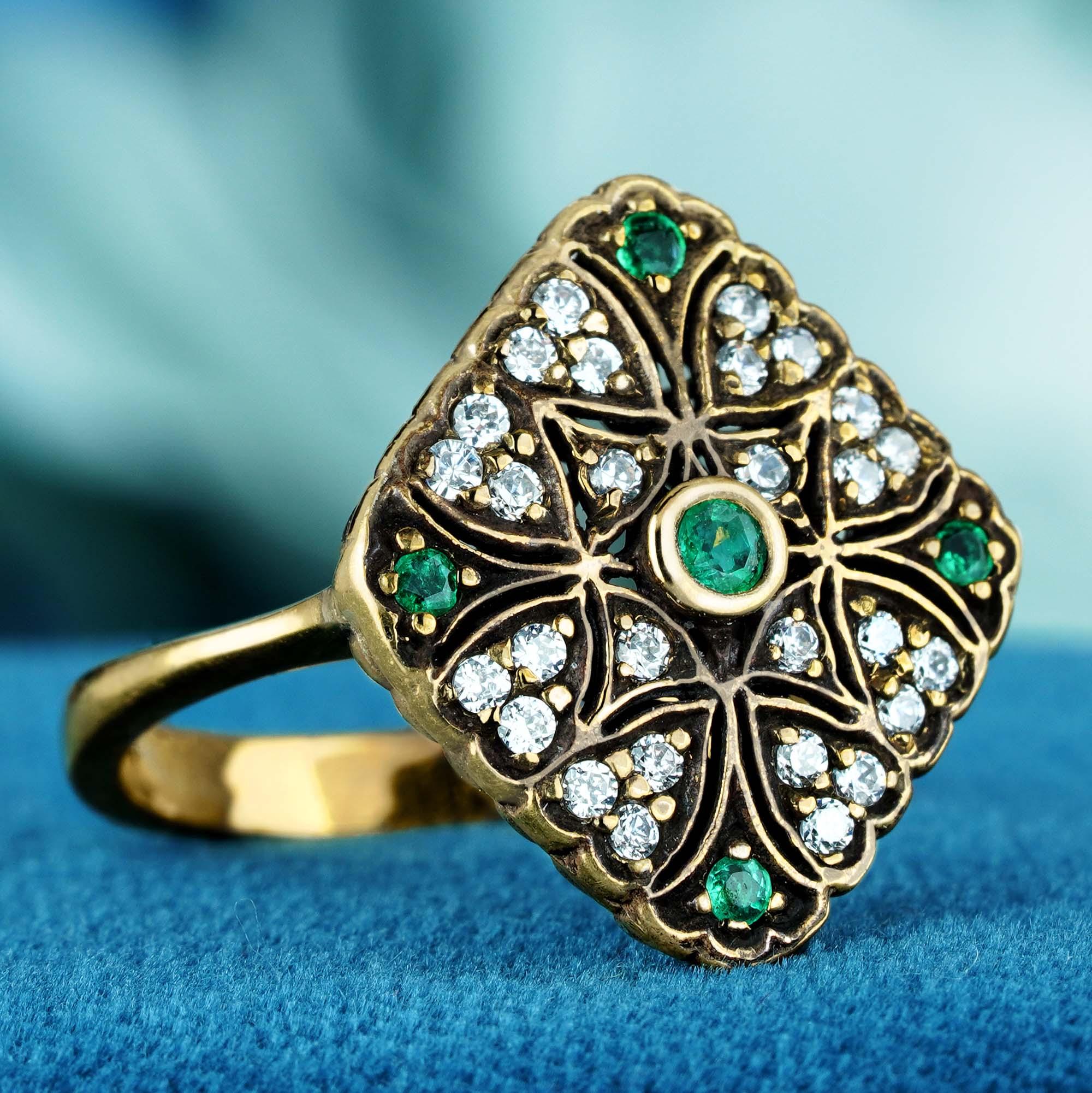 For Sale:  Natural Emerald and Diamond Rhombus Filigree Ring in Solid 9K Yellow Gold 3