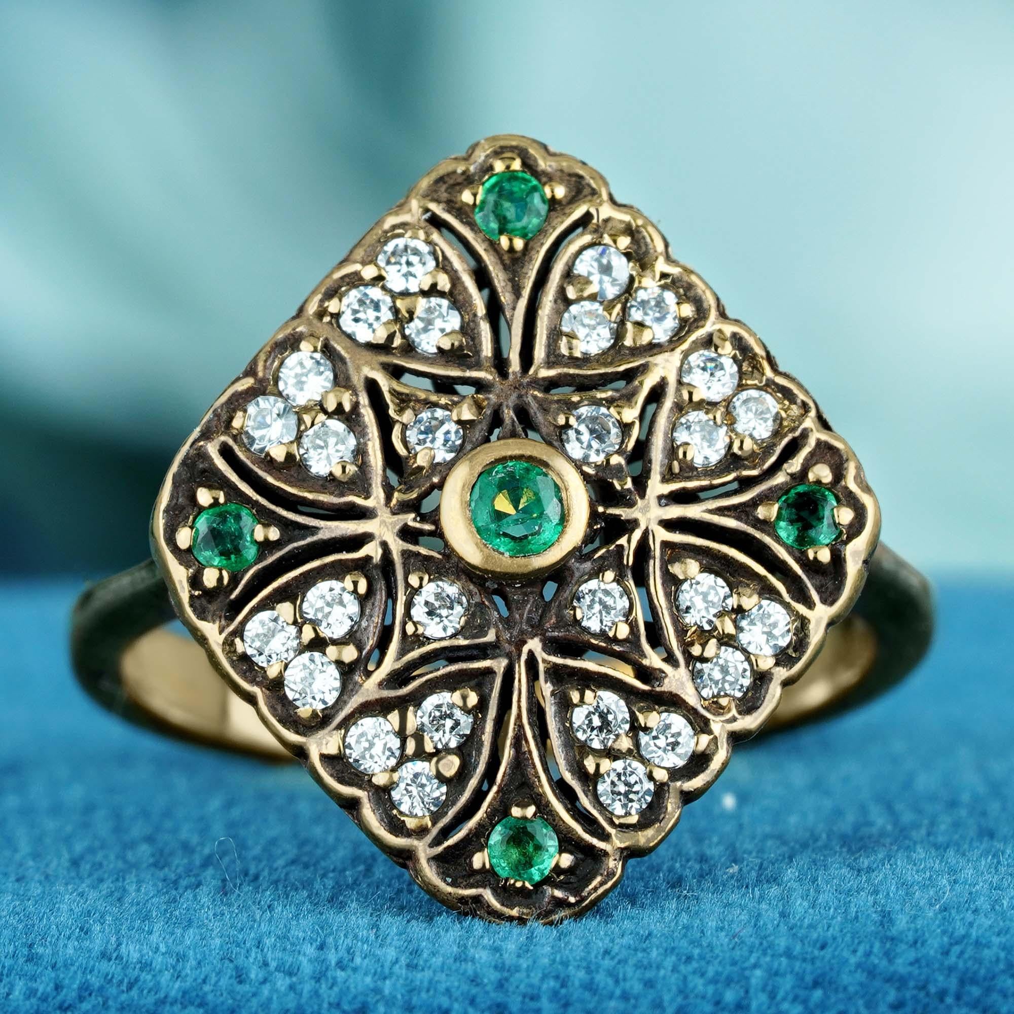 For Sale:  Natural Emerald and Diamond Rhombus Filigree Ring in Solid 9K Yellow Gold 2