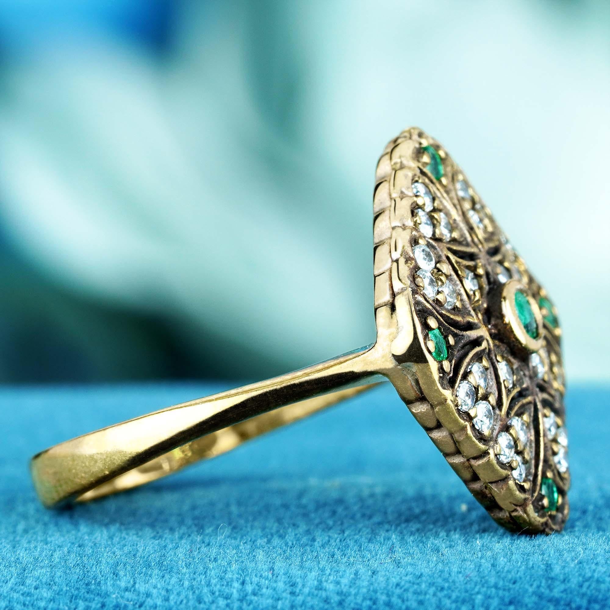 Natural Emerald and Diamond Rhombus Filigree Ring in Solid 9K Yellow Gold 4