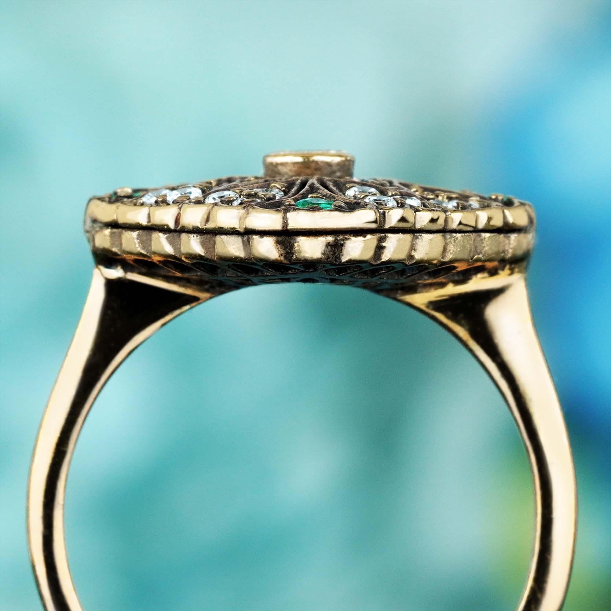 For Sale:  Natural Emerald and Diamond Rhombus Filigree Ring in Solid 9K Yellow Gold 5