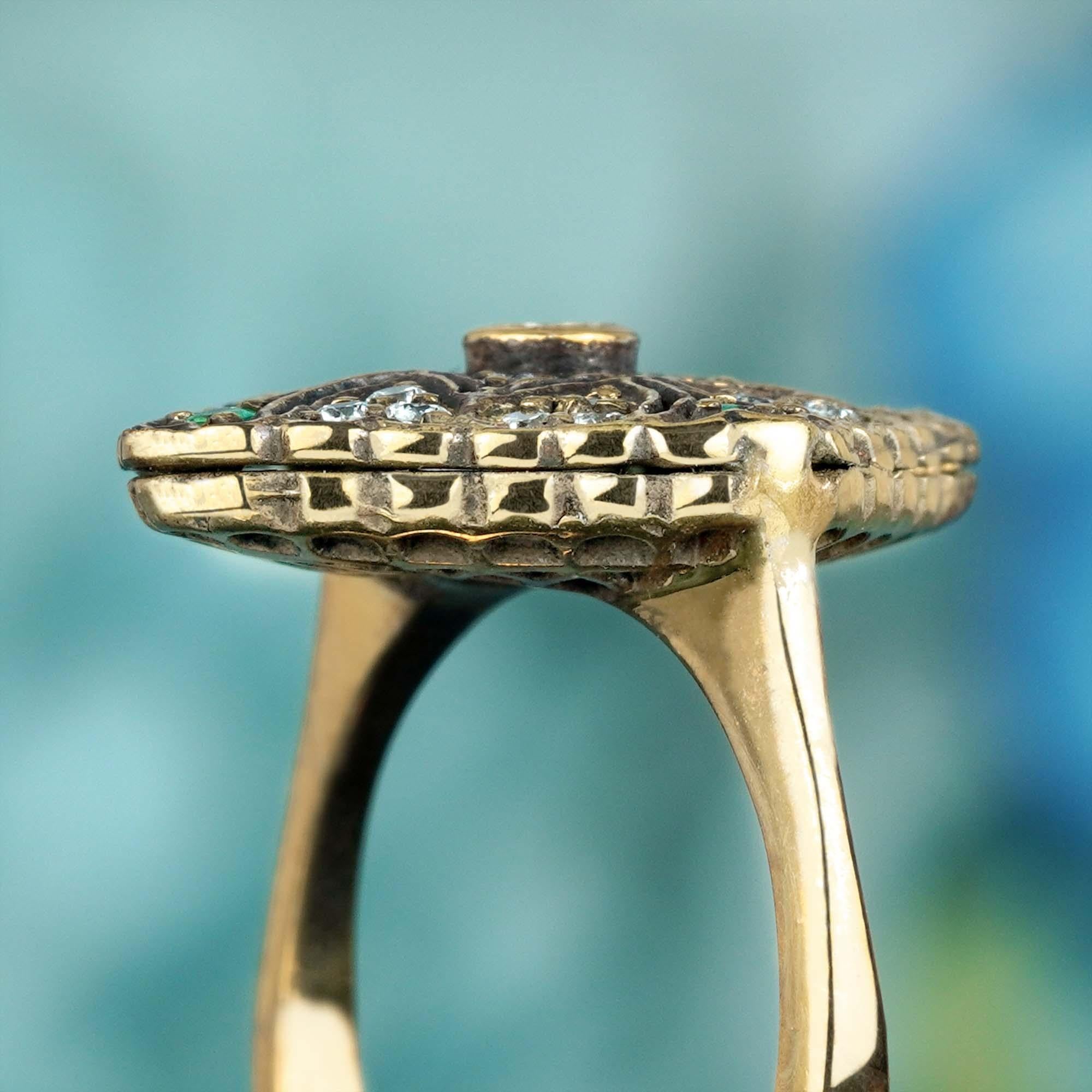 For Sale:  Natural Emerald and Diamond Rhombus Filigree Ring in Solid 9K Yellow Gold 6