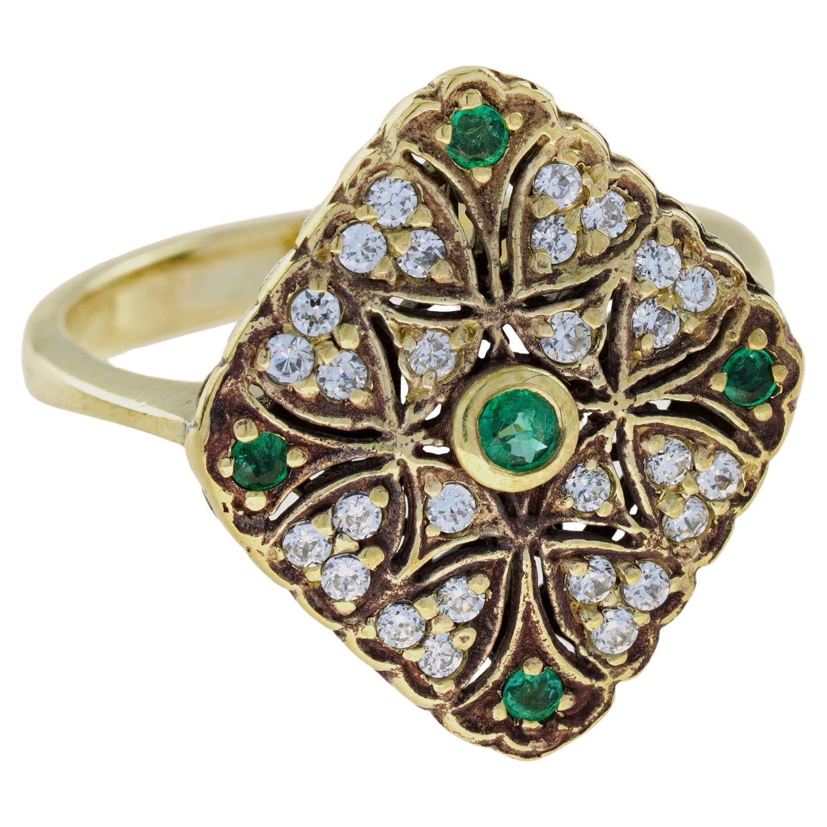 For Sale:  Natural Emerald and Diamond Rhombus Filigree Ring in Solid 9K Yellow Gold