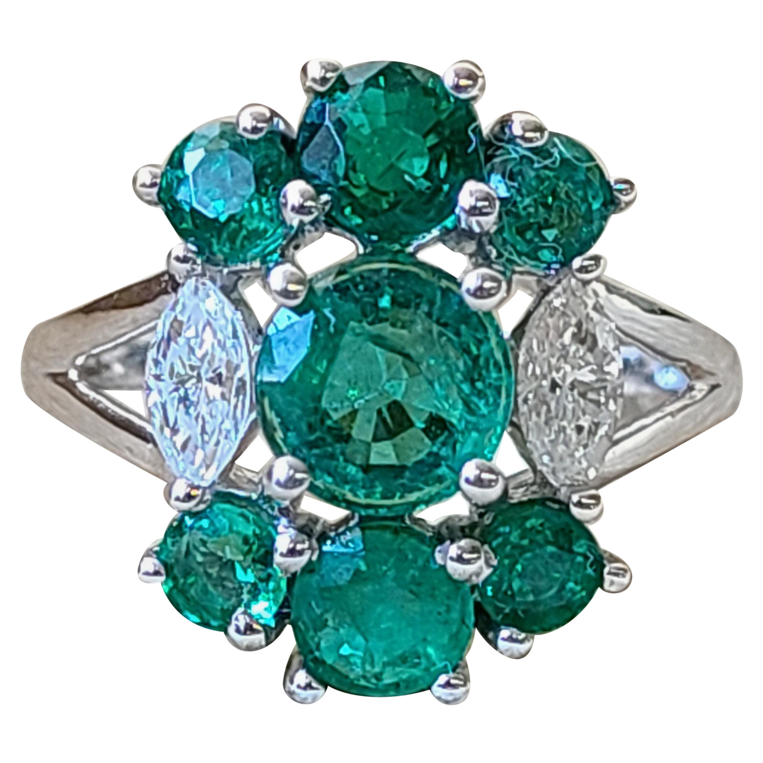 Set in 18K Gold, 2.35 carats, natural Zambian Emerald and Diamonds Cluster Ring For Sale