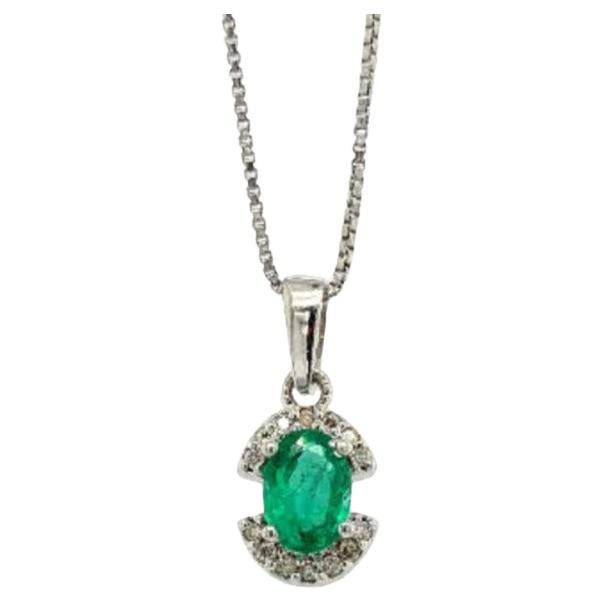 Natural Emerald and Semi Halo Diamond Pendant Necklace Sterling Silver For Sale