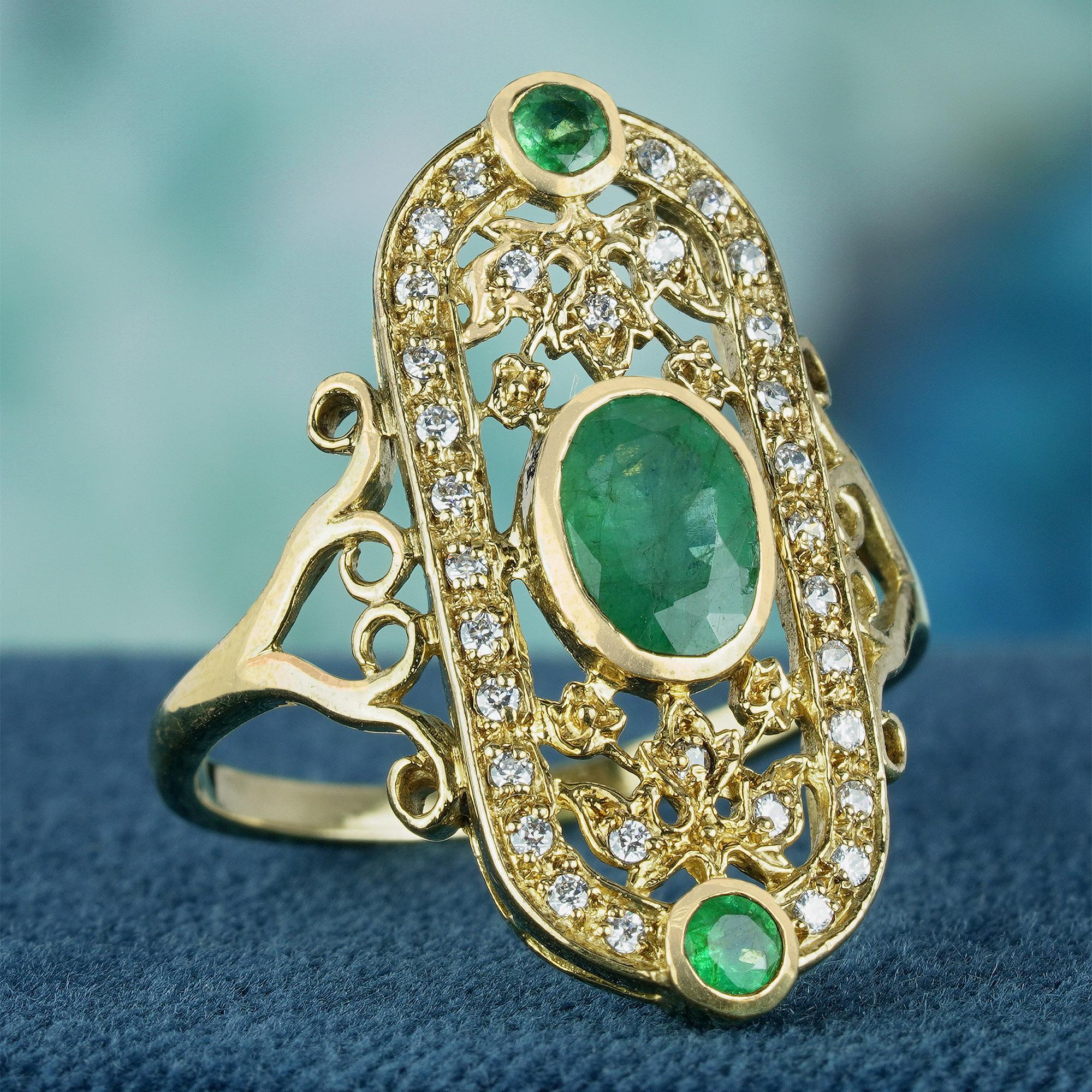 Edwardian Natural Emerald and Diamond Vintage Style Cocktail Ring in Solid 14K Yellow Gold For Sale