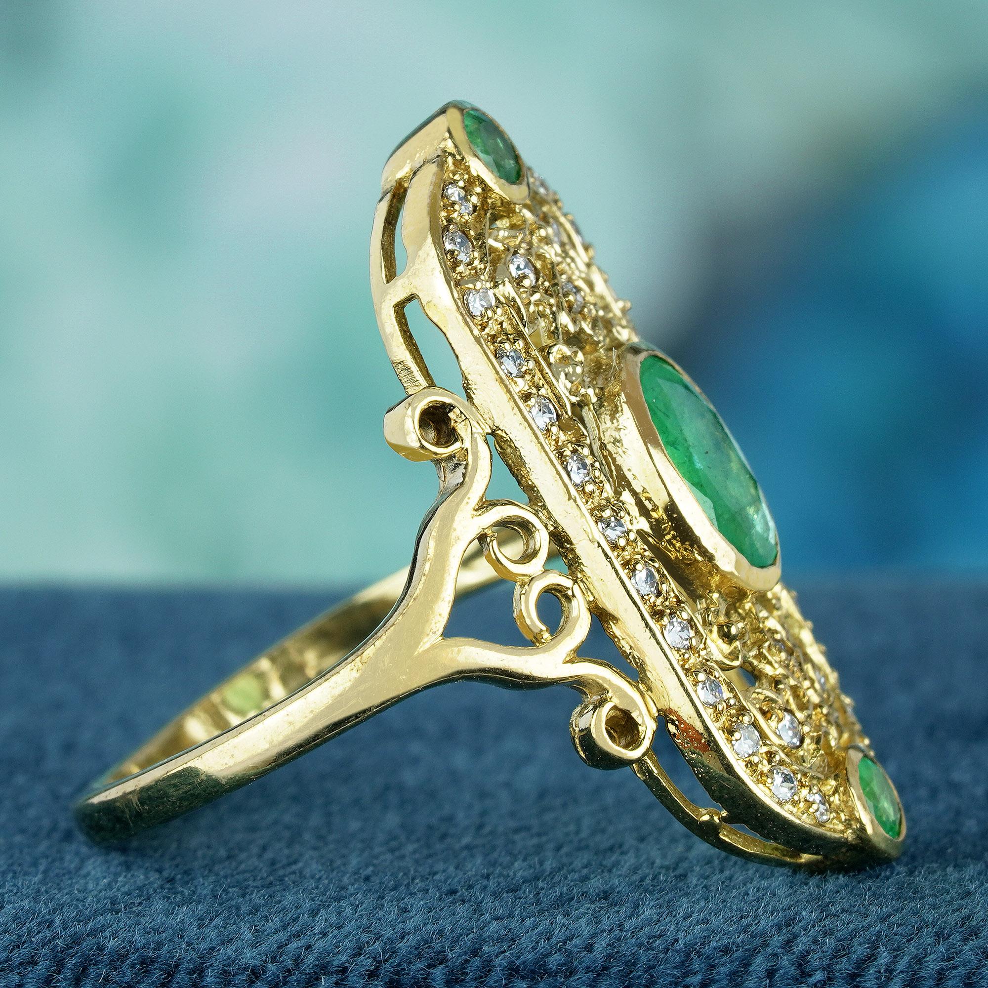 Oval Cut Natural Emerald and Diamond Vintage Style Cocktail Ring in Solid 14K Yellow Gold For Sale