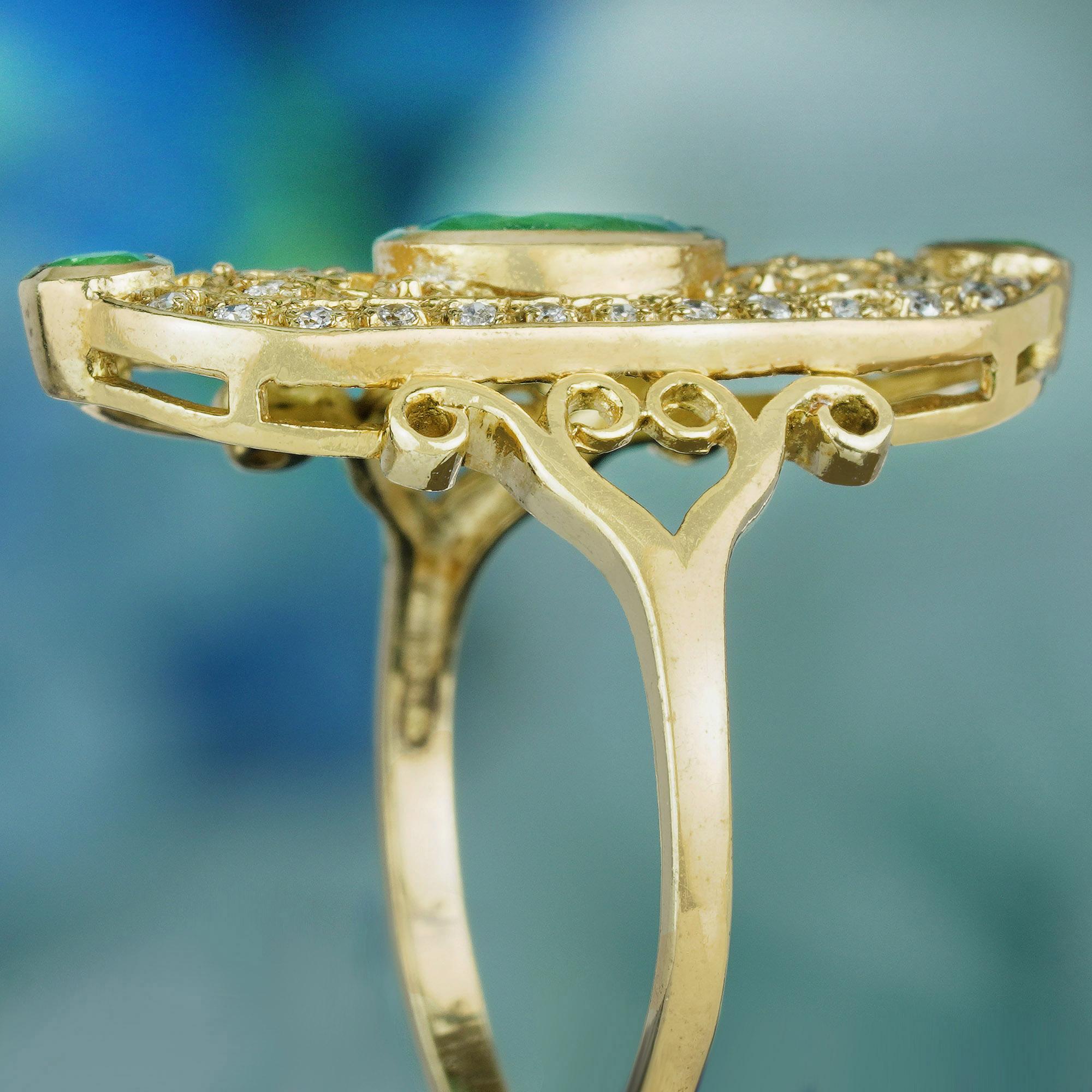 Women's Natural Emerald and Diamond Vintage Style Cocktail Ring in Solid 14K Yellow Gold For Sale