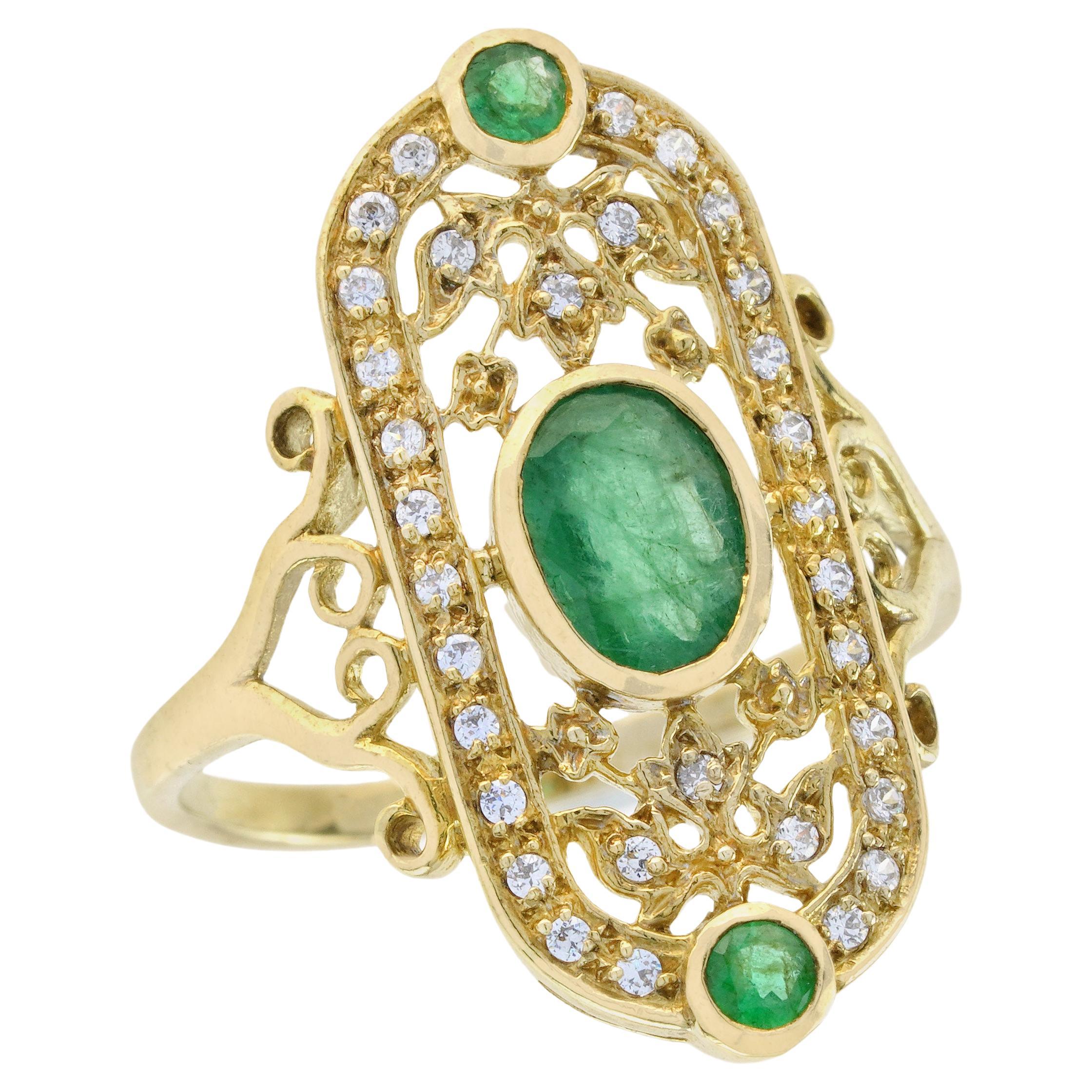 Natural Emerald and Diamond Vintage Style Cocktail Ring in Solid 14K Yellow Gold For Sale