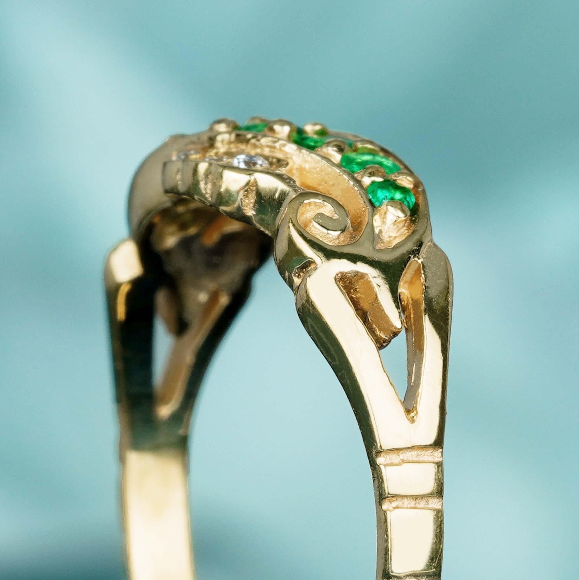 Im Angebot: Natürlicher Smaragd und Diamant Vintage-Ring im Vintage-Stil mit geschwungenem Ring aus massivem 9K Gelbgold () 6