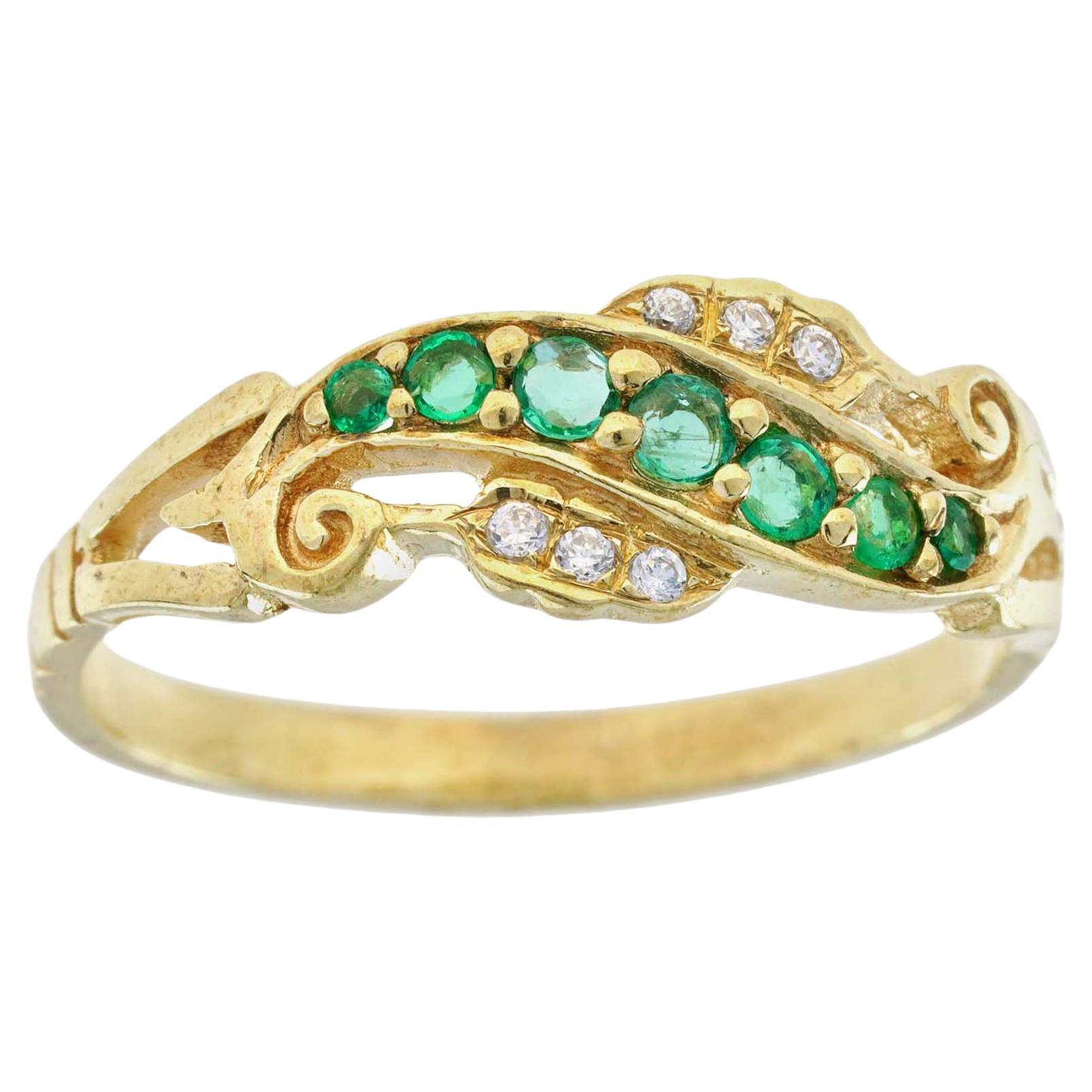 For Sale:  Natural Emerald and Diamond Vintage Style Curve Ring in Solid 9K Yellow Gold
