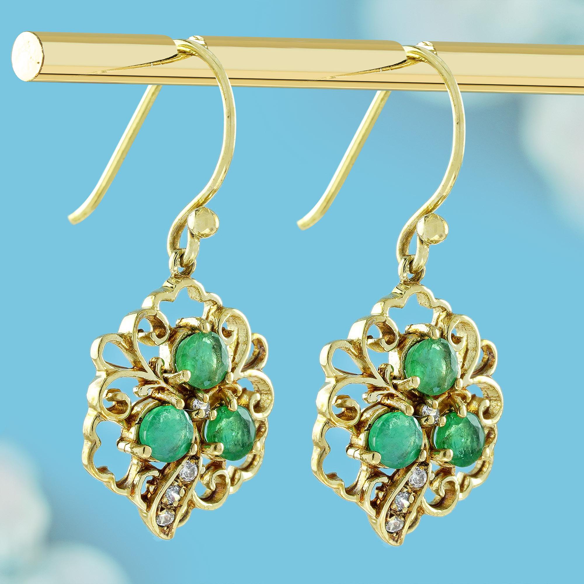 Edwardian Natural Emerald and Diamond Vintage Style Floral Drop Earrings in Solid 9K Gold For Sale