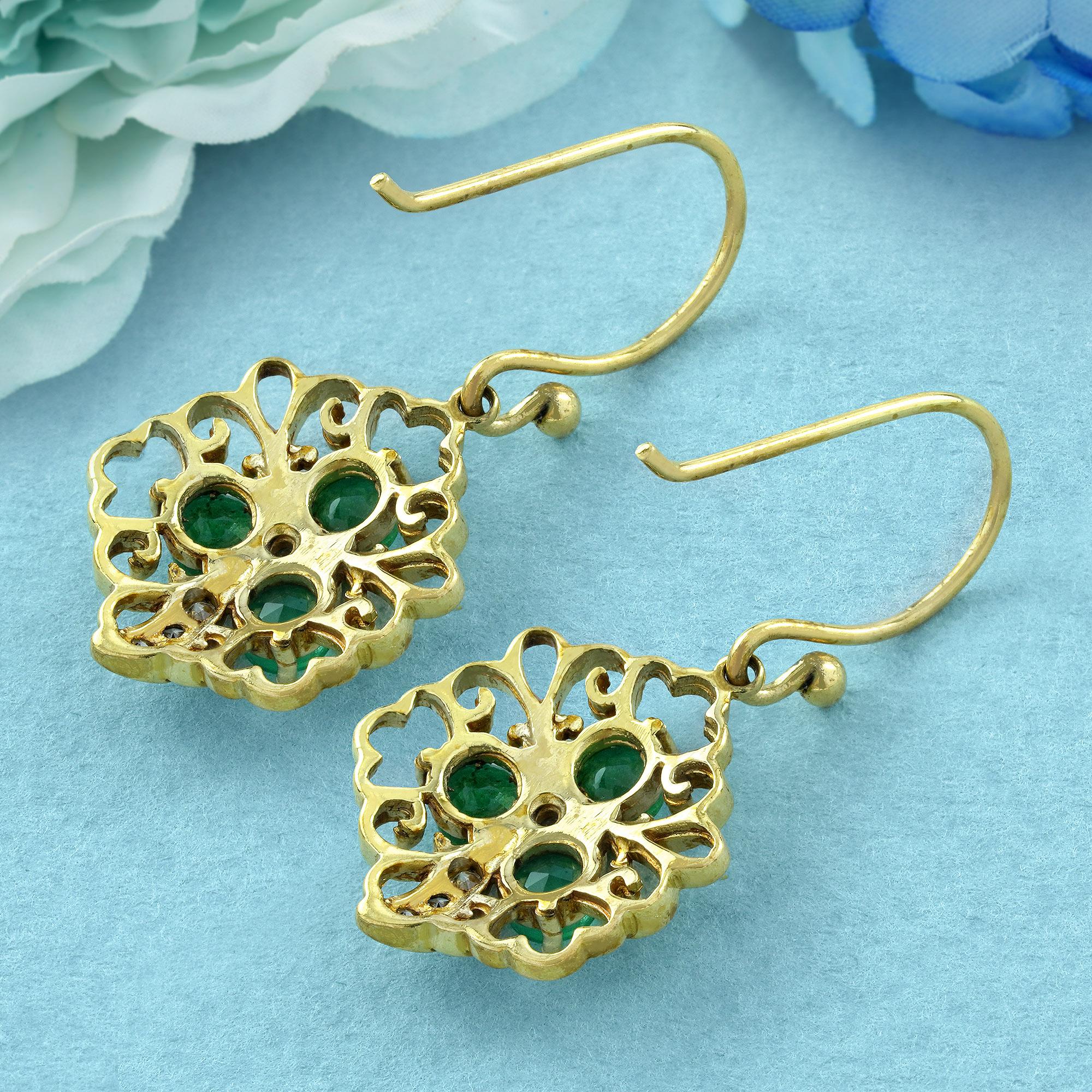 Round Cut Natural Emerald and Diamond Vintage Style Floral Drop Earrings in Solid 9K Gold For Sale