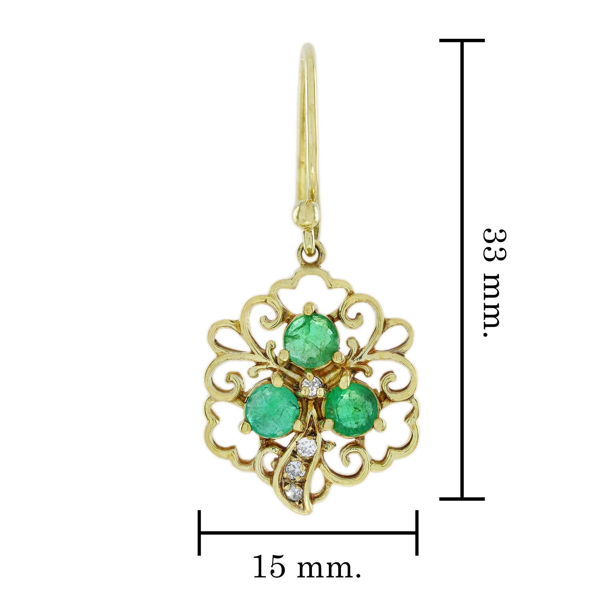 Natural Emerald and Diamond Vintage Style Floral Drop Earrings in Solid 9K Gold In New Condition For Sale In Bangkok, TH