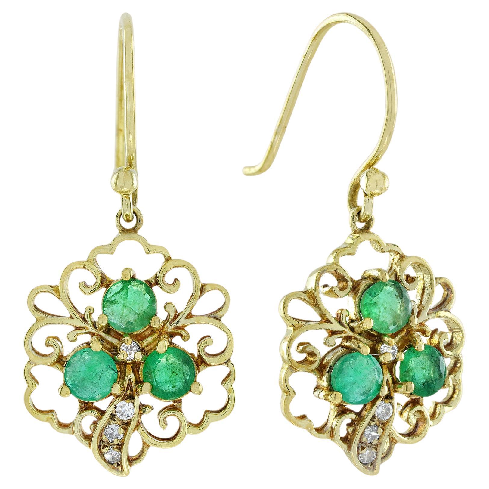 Natural Emerald and Diamond Vintage Style Floral Drop Earrings in Solid 9K Gold For Sale