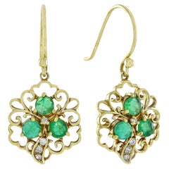 Boucles d'oreilles pendantes florales en or massif 9K avec émeraude naturelle et diamant de style vintage