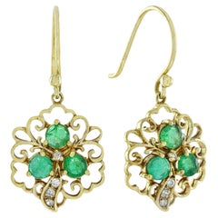 Natural Emerald and Diamond Vintage Style Floral Drop Earrings in Solid 9K Gold